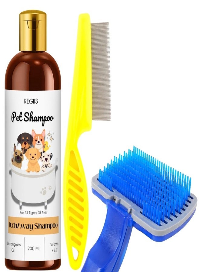 شامبو ريجيس للحيوانات الأليفة للكلاب، تركيبة مضادة للحكة بزيت عشبة الليمون وفيتامينات E وC، 200 مل، يتضمن فرشاة تنظيف ومجموعة مشط للبراغيث - Image 1